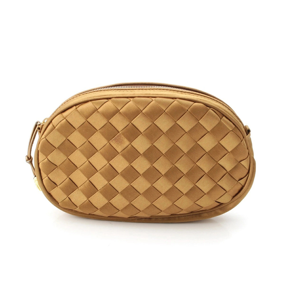 Bottega Veneta satin intrecciato Pouch Clutch Gold Brown